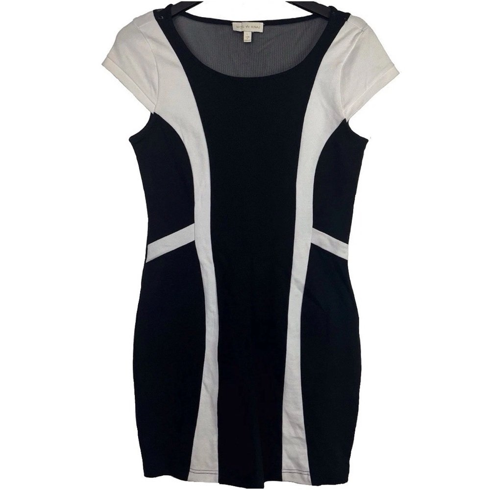 Nicki Minaj Black & White Body Con Midi Dress Sheer Back Cap Sleeve Size Large